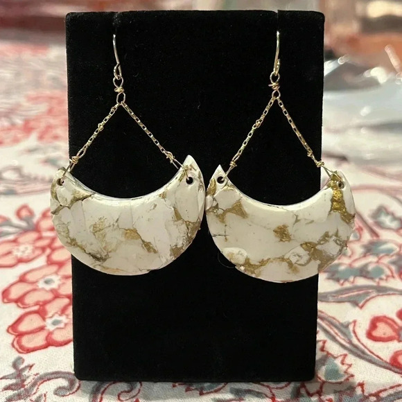Hand Crafted Jewelry - Gold and Cream Moon Shaped dangle earrings 14K gold filled Wire